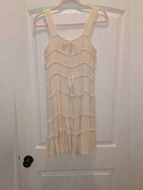Chesley and Violet Cream Tiered Fringe Mini Dress with Adjustable Tie